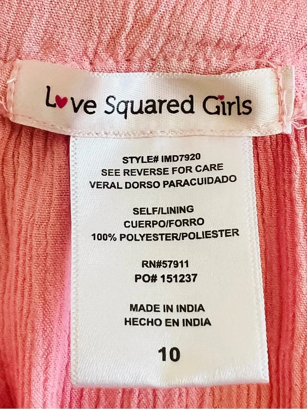 🪸 Love Squared Girls Size 10 Coral Pink Lace Boho Smocked Dress